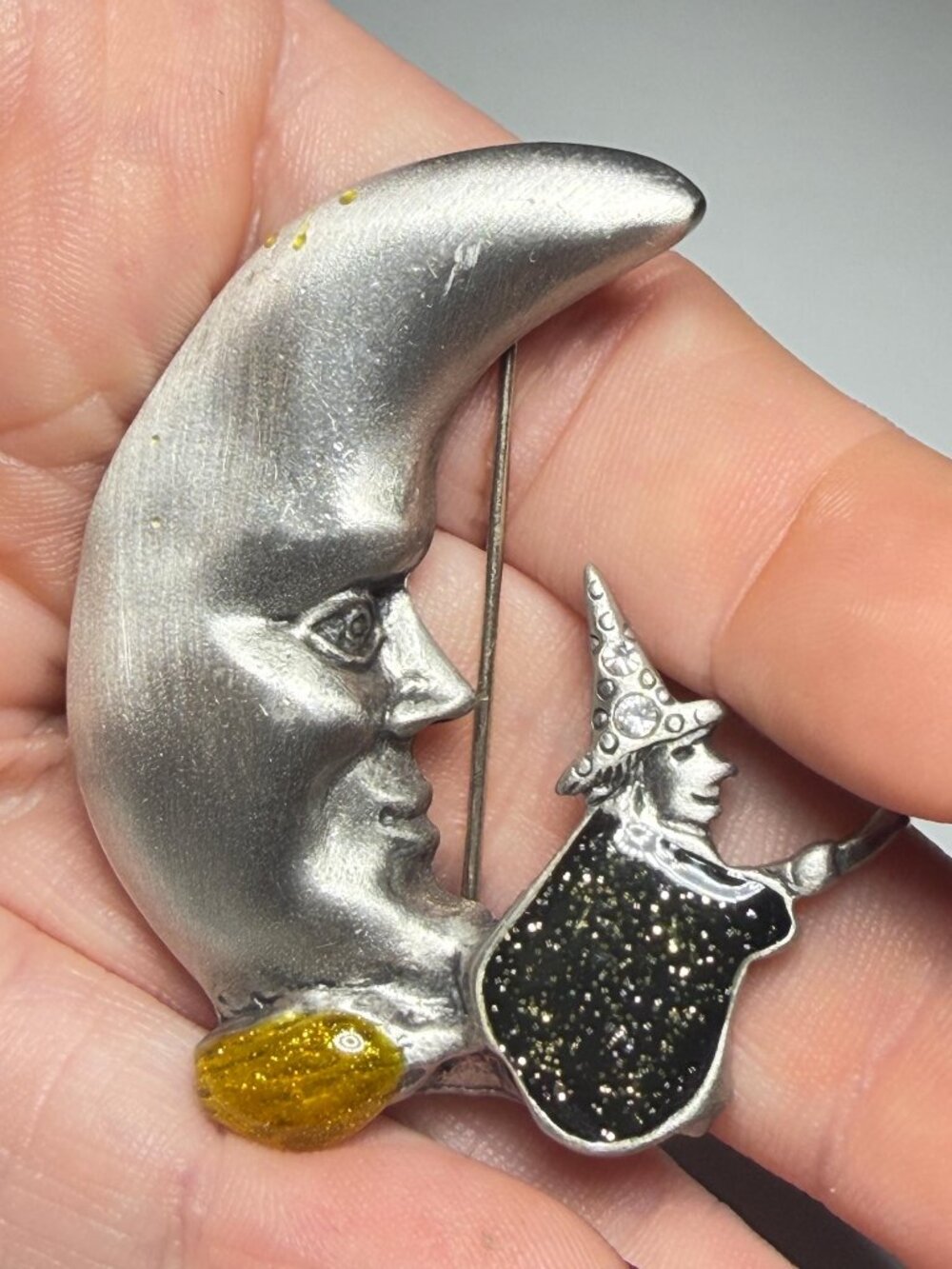 Witch on Crescent Moon Brooch Signed AS Vintage - Picture 7 of 8